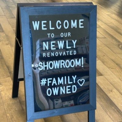 Welcome sign for newly renovated showroom